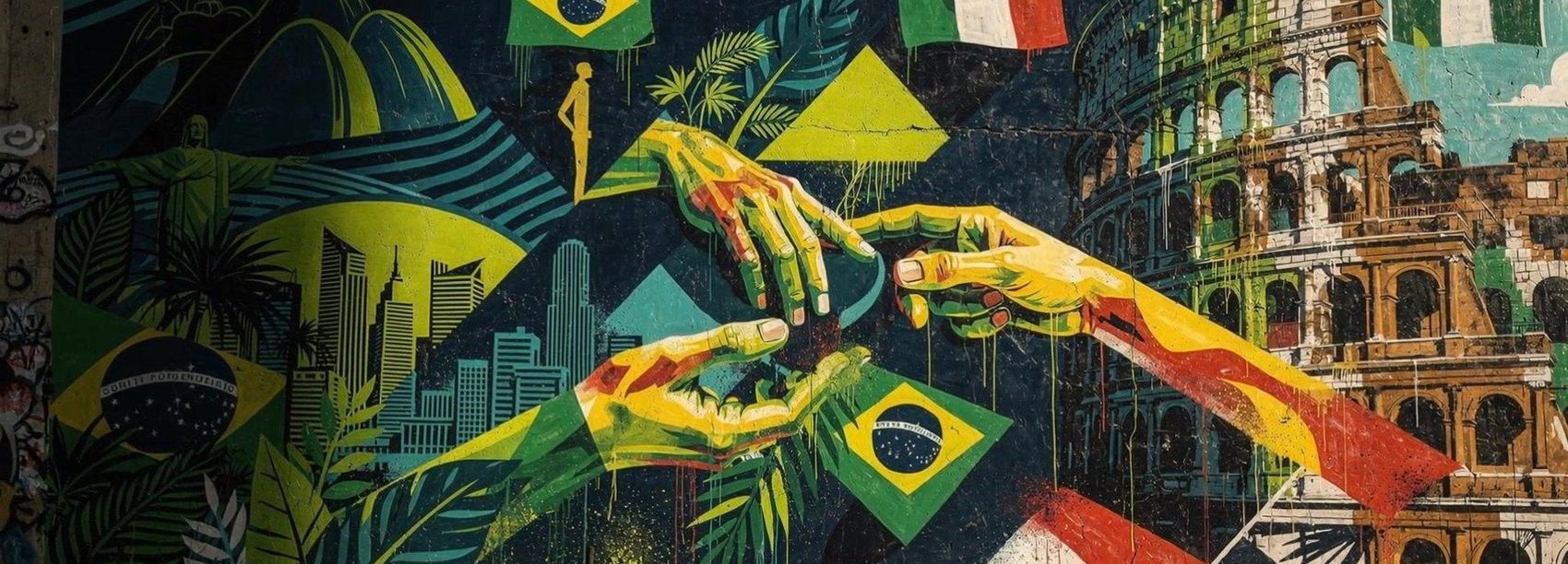 Mural urbano: duas mãos que se aproximam entre imagens do Brasil e de Roma
